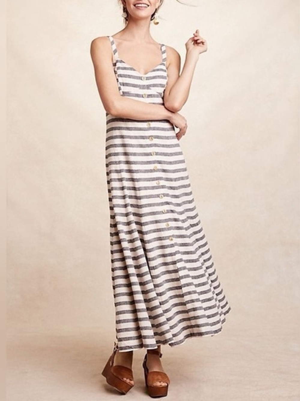 Anthropologie Maeve Linen Blend Striped Maxi Dress 10 Blue White Preppy Nautical
